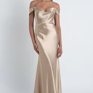 Jenny Yoo “Camilla” Strapless Gold Satin Gown with Detached Draped Straps